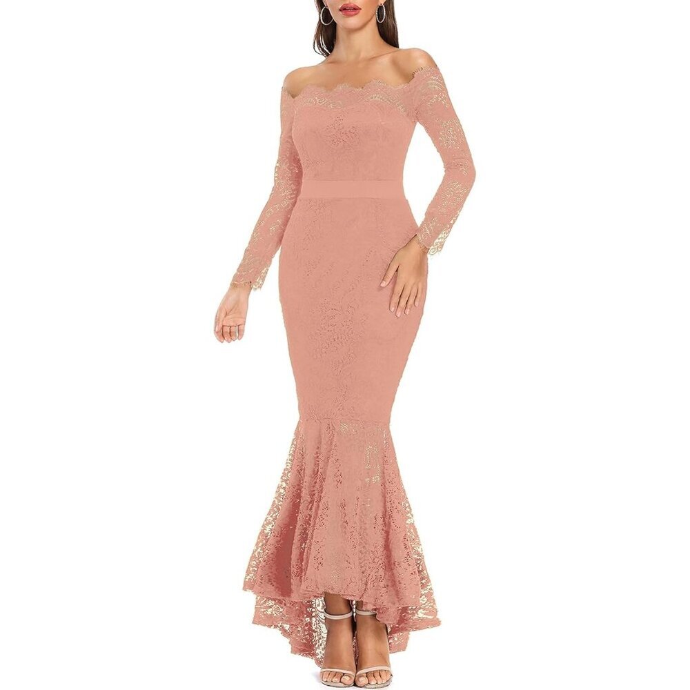 Women's Floral Lace Long Sleeve Off Shoulder Wedding Mermaid Dress Light Pink